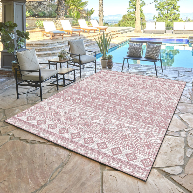 Savara Mayview Pink Ivory Cream Moroccan Bohemian Indoor/ Outdoor Polypropylene Flatweave Area Rug, Rectangle 7'10" x 10'