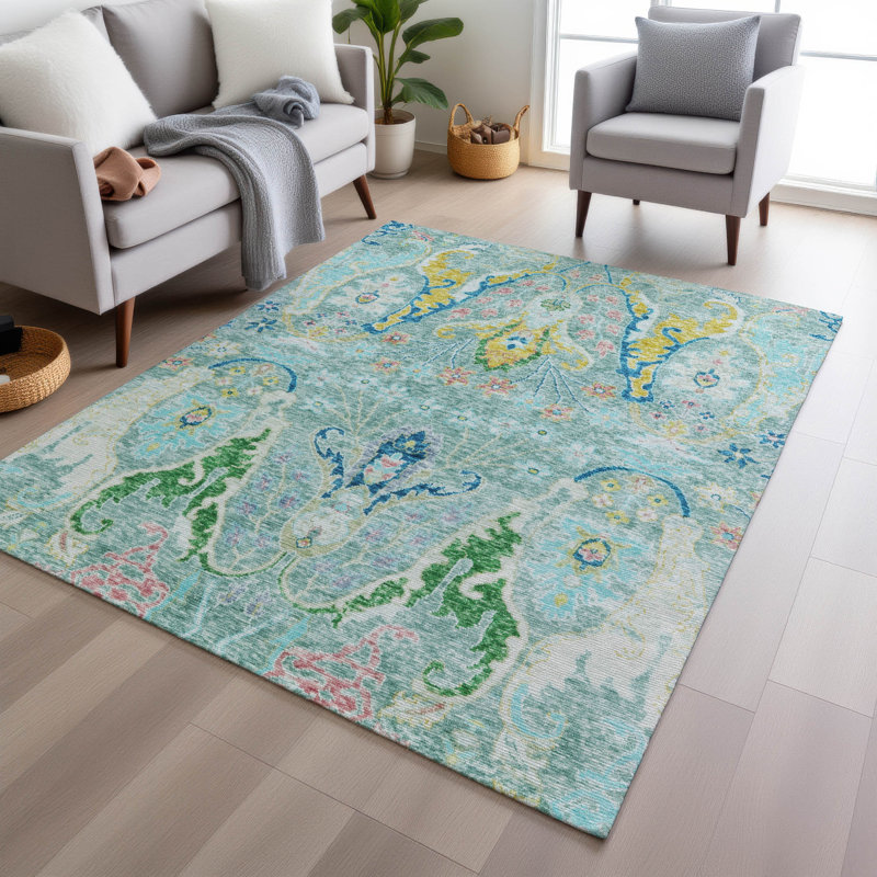 Machine Washable Indoor/Outdoor Xhevrie Teal Rug, Rectangle 2'6" x 3'10"