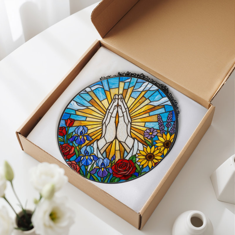7.8"H Praying Hands Stained Glass Window Panel, 7.8" H x 7.8" W