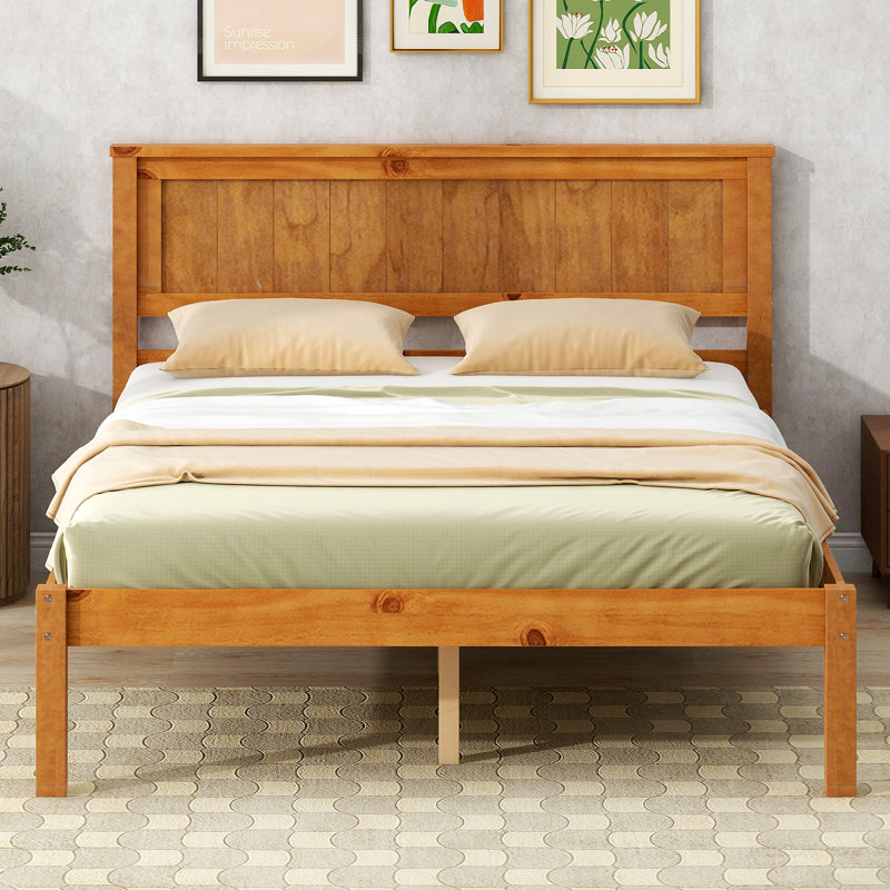 Platform Bed Frame With Headboard, Wood Slat Support, No Box Spring Needed, Full, Full, Oak