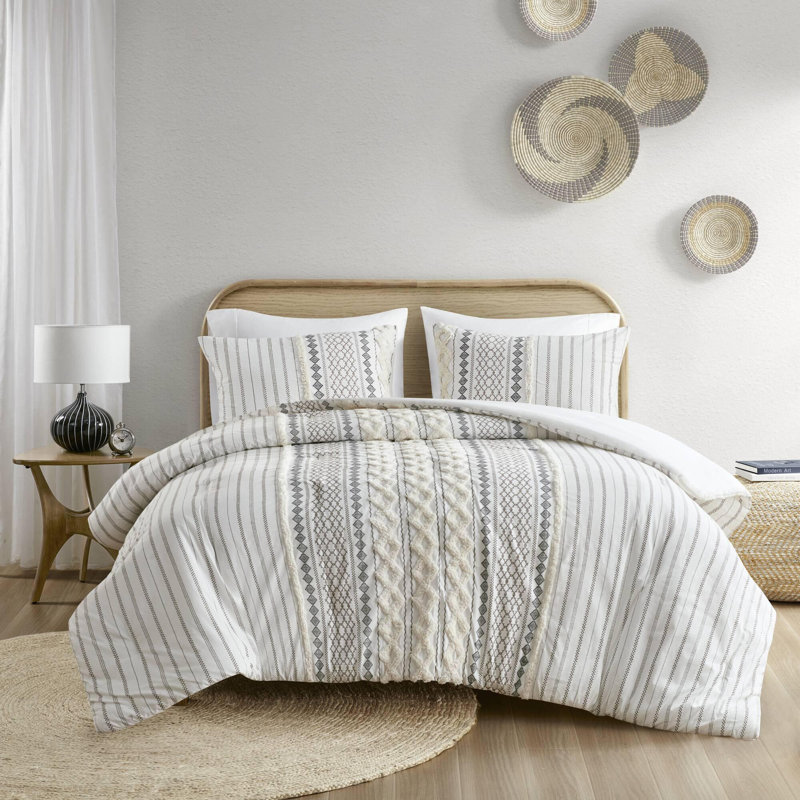 Ensemble d'édredon en coton 3 pièces, Édredon pour grand lit + 2 taies décoratives, Ivoire ivoire