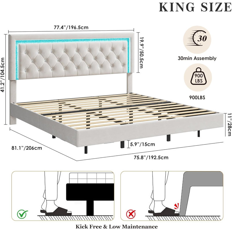 Floating Bed Frame with Led Lights, Upholstered King Platform Bed with Diamond Headboard, White, King