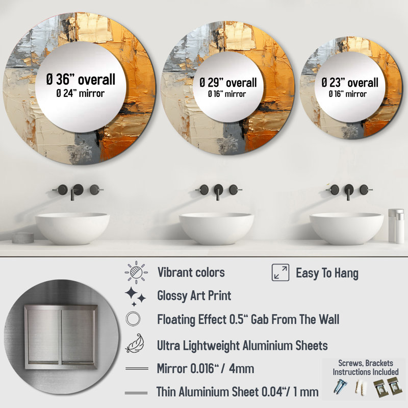 Gold Grey Gleaming Geometry XV - Abstract Collages Large Mirror, Modern Round Unique Wall Mirror Decor, Printed Metal Art