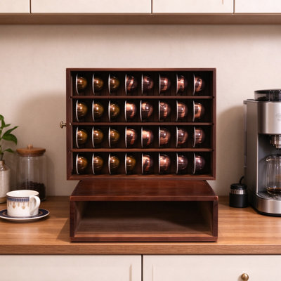 Solid Pine Wood Coffee Pod Organizer Drawer for Nespresso Vertuo Pods, Coffee Maker Stand with Rear Cord Wrap and Interlocking Joinery, Vintage Walnut Finish