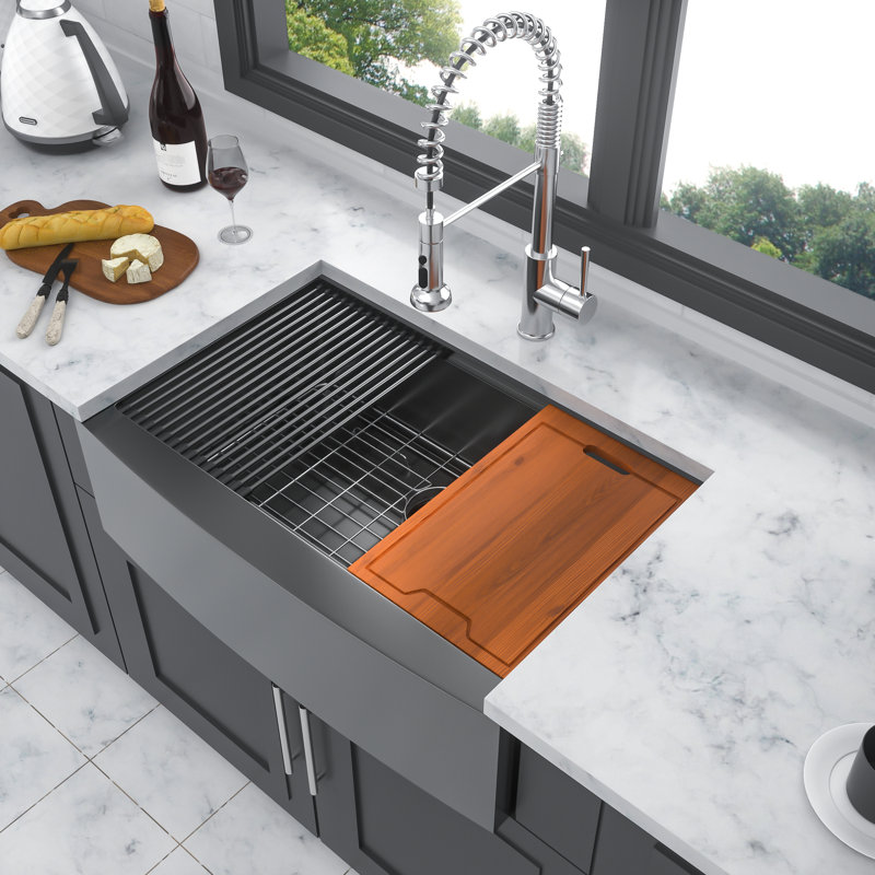 Station de travail à tablier frontal en acier inoxydable de calibre 16 en acier inoxydable de calibre 16 noir 30 pouces - Scratch, rouille fonctionnelle pour les tâches de cuisine, 10 profondeurs avec drainage de rainure en forme de X, caoutchouc épais de 3 m pour réduire le bruit