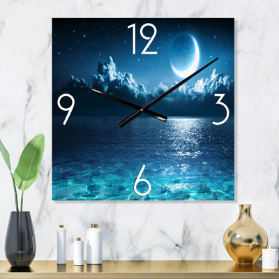 Romantic Moon Over Deep Blue Sea I - Nautical & Coastal Wall Clock