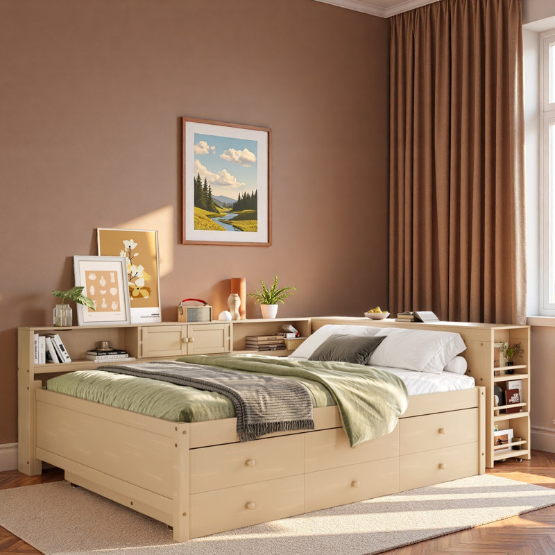 Wood Daybed With Storage Drawers, Side Shelves, Desk And Trundle, Full / Double, Golden