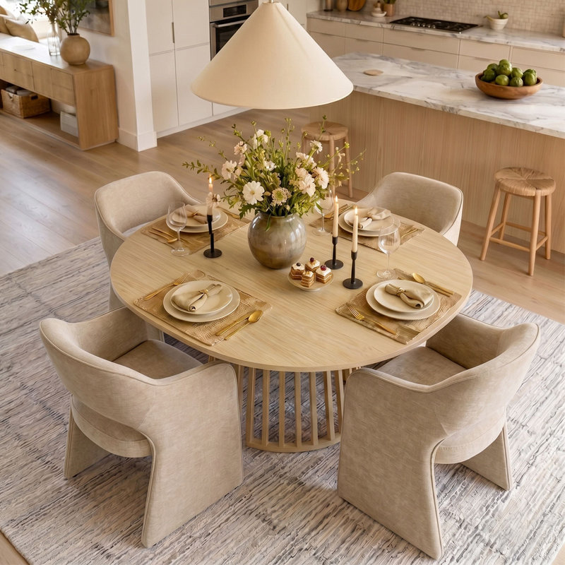 4 - Person Dining Table Sets With Extendabe Oval Table & 4 Chenille Upholstered Armchairs, Brie