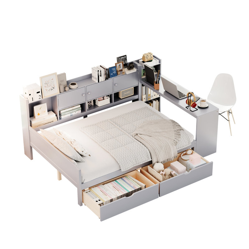 Gray Full Size Daybed With 3 Storage Cabinets, 2 Drawers, Versatile Study Desk And Space Multifunctional Bed L-shape In Function, Customizable Materials