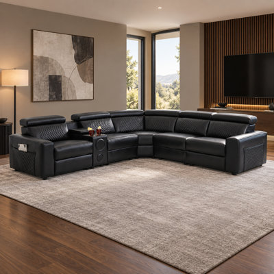 6-Piece Leather Power Reclining Sectional Sofa with Storage Console, USB Ports and Bluetooth Speakers, Black