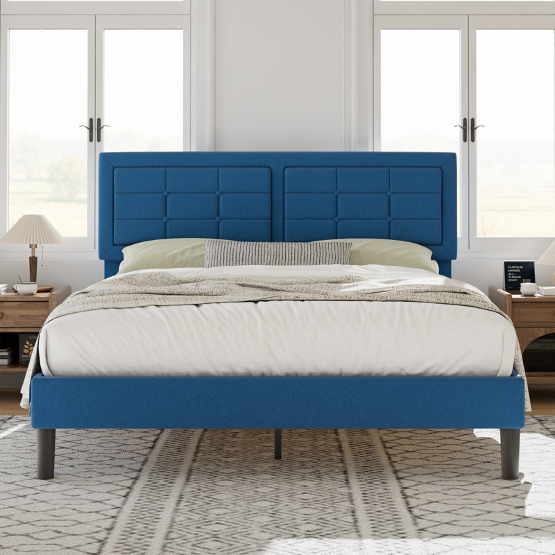 Kempst Queen Size Bed Frame, Upholstered Queen Platform Bedframe with Height Adjustable Tufted Headboard, Heavy Duty Mattress Foundation with Wooden Slats, No Box Spring Needed, Under Bed Storage