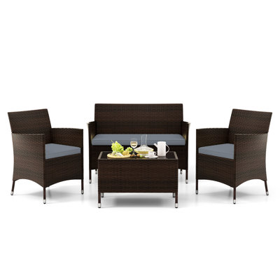 Bryen 4 Pcs Rattan Outdoor Patio Conversation Furniture Set With Glass Table And Comfortable Wicker Sectional Sofa by Winston Porter