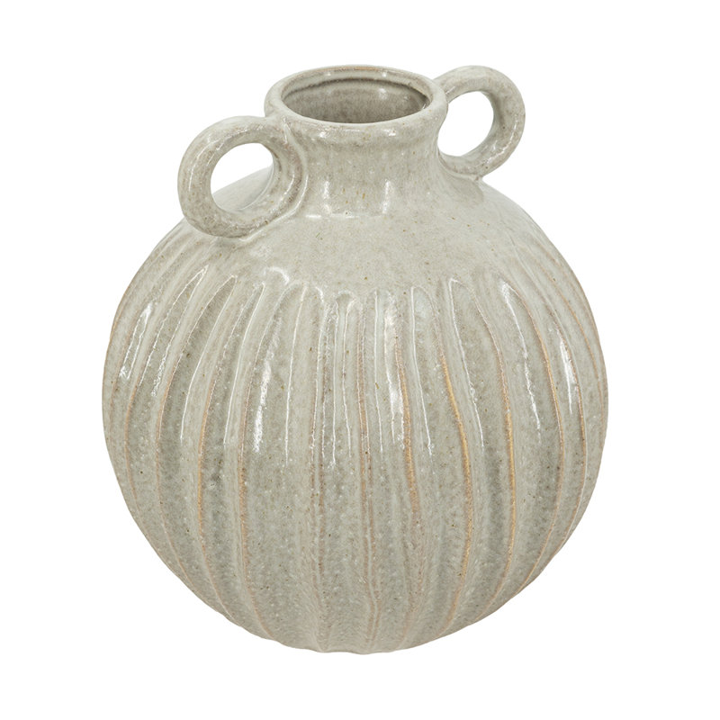 Decorative Round Ceramic Flower Vase with Small Handles and Textured Motif - 9" x 9" x 10" - Gold
