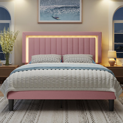  Modern Upholstered Platform Bed with Adjustable Headboard,Velvet Finish,Wide LED Lighted Headboard,No Box Spring Needed,King Size