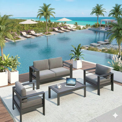 4-Piece Modern Aluminum Patio Conversation Set,  4-Seat Outdoor Sofa With  Thick Dark Gray Cushions & Gray Frame And Coffee Table