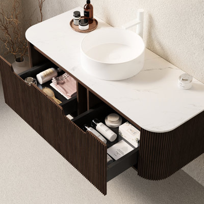 60" Bathroom Vanity With Dark Walnut 3D Striped Cabinet, 2 White Ceramic Basins, Stone Pattern Countertop, Drawers, Ample Storage, Soft Close System, , Easy Installation, Pre-Assembled In Walnut,