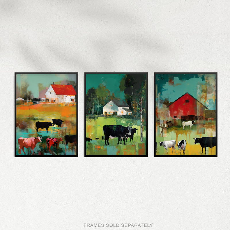 The Farm Grazing Cattle Cows Green Brown Landscape - 3 Piece No Frame Print Set, 40.5cm H x 30.5cm W x 0.3cm D