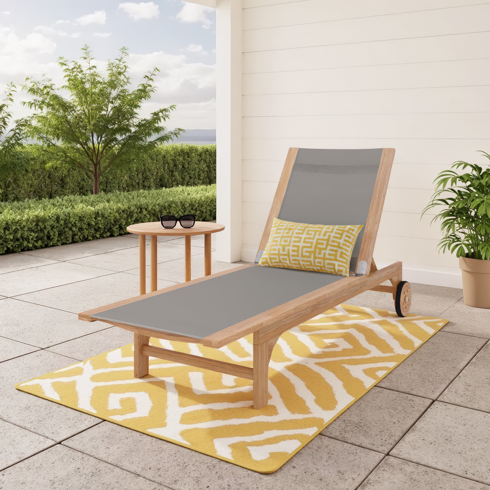 Elie Teak Outdoor Reclining Sun Lounger with Rear Wheels, Taupe