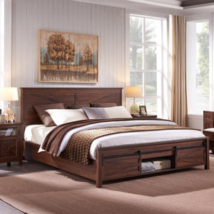 Argana Farmhouse Wood Bed Frame with Sliding Barn Door Storage Cabinets and Headboard