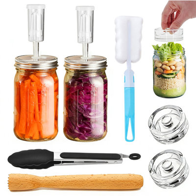 Trousse de fermentation avec 2 pots Mason de 950 ml, couvercles à sas, poids en verre, pilon, pince et goupillon. Bocaux de fermentation en verre pour choucroute, kimchi, cornichons, kombucha et autres préparations maison.