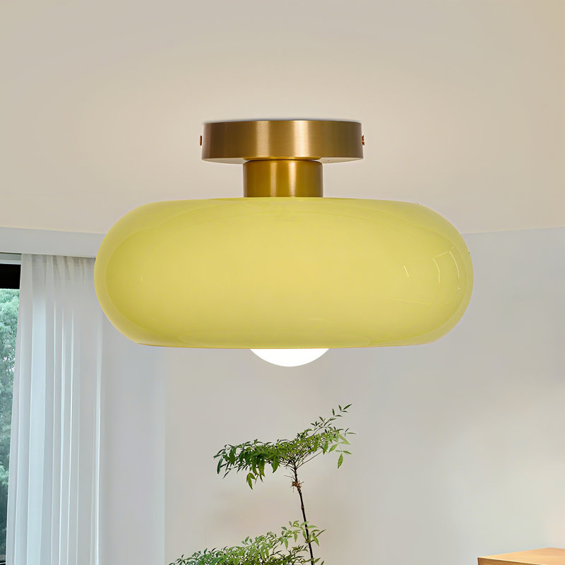 Mid-century Modern Beige Semi Flush Mount Ceiling Light, 5.91" H x 11.02" W x 11.02" D