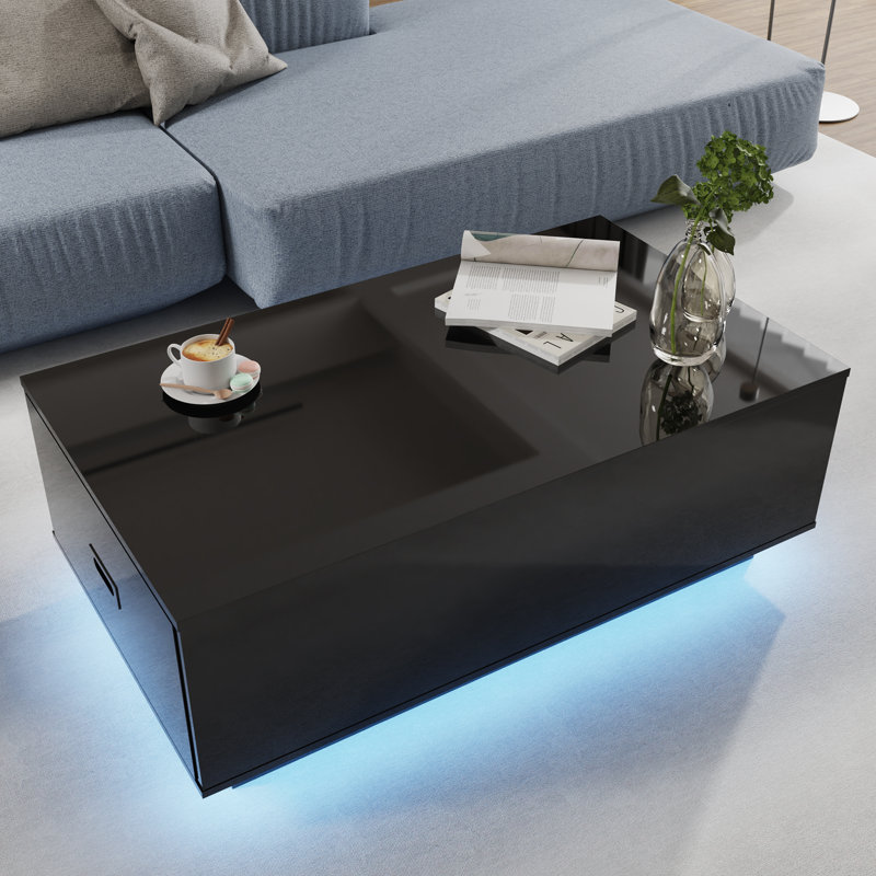 High Glossy Led Coffee Table, Led Coffee Table With 2 Drawers, Modern Coffee Table For Living Room, Black Coffee Table 41.33" W X 23.62" D