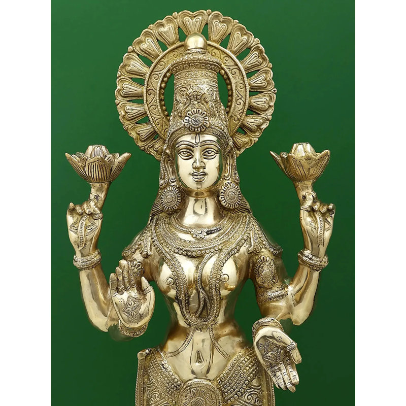 Handmade Brass Standing Goddess Lakshmi Statue - 32 Inch Prosperity Deity for Spiritual Home Altars, Meditation Spaces, and Inspirational Decor
