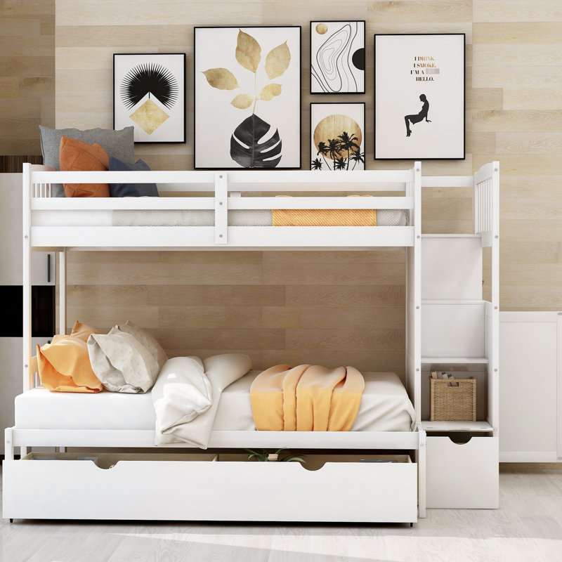 Lit superposé simple au-dessus de double en blanc avec espace de rangement sécurisé - option de rangement protégé / stable / double fiable et organisée
