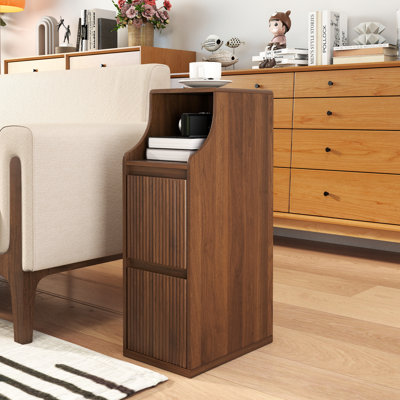 9.44" Fluted End Table With 2 Drawers & Storage, Narrow End Table For Living Room Sofa