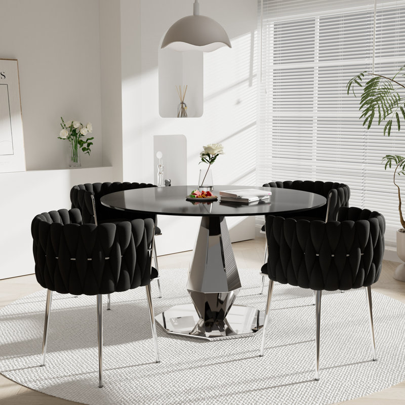Ensemble de salle à manger rond à piédestal en verre trempé avec chaise tissée, H 29,5 po x L 47 po x l 47 po, Argent argent