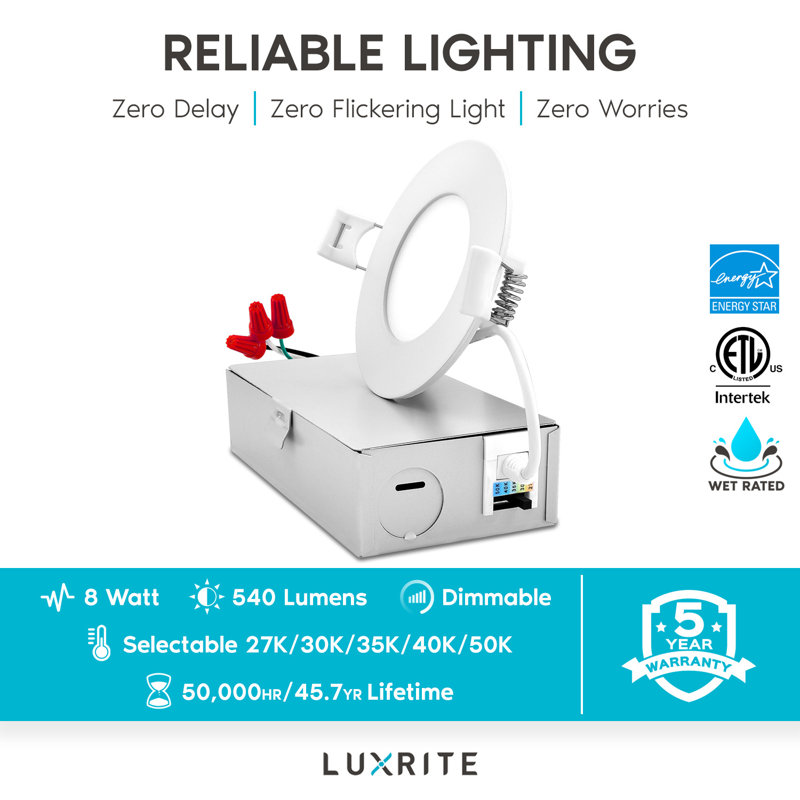 Luminaire encastré à DEL ultra-mince de 3 po avec j-box 8 W 5 couleurs à intensité variable et à intensité variable Luxrit
