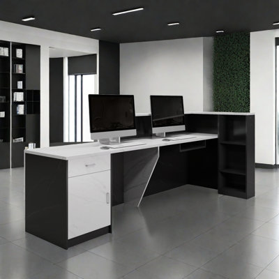 L-Shaped Reception Desk with Locking Drawers  Storage Cabinet, Side Storage Rack, Double Computer Desk for Office