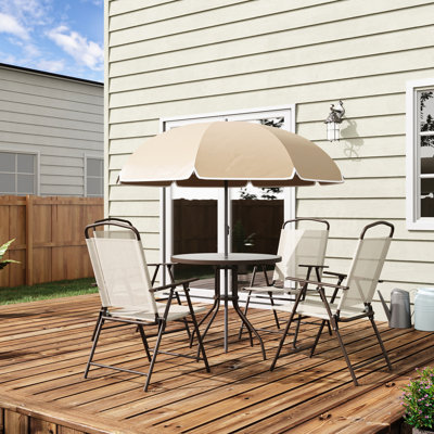 Beige Patio Furniture Dining For 4 - Umbrella, Table & Chairs. Folding Chairs, Tempered Glass Outdoor Spaces 4 In Umbrella Included. With Glass, Chairs Garden
