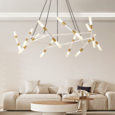 Luminaire lustre moderne blanc et doré de 41 po, branche avec tubes givrés, cordons noirs, luminaire suspendu à hauteur réglable pour salle à manger, salon ou îlot de cuisine (ampoule non incluse)