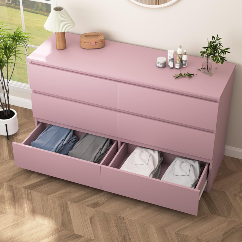 Modern 6 Drawer Double Dresser For Bedroom, Pink