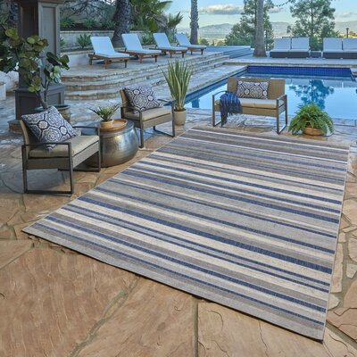 Fosel Muxia Gray/Navy Modern Micro Striped Hi-Low Flatweave Indoor/Outdoor Area Rug -  Gertmenian, 46241