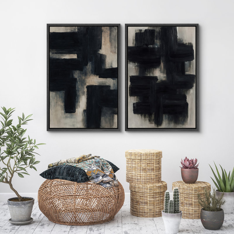 Art mural abstrait, ensemble de 2 reproductions d'art encadrées sur toile, Noir, H 36 po x l 48 po