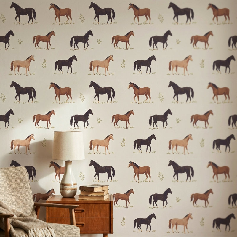 Papier peint vintage à motifs de chevaux, beige rustique. Fresque murale., Peel and Stick