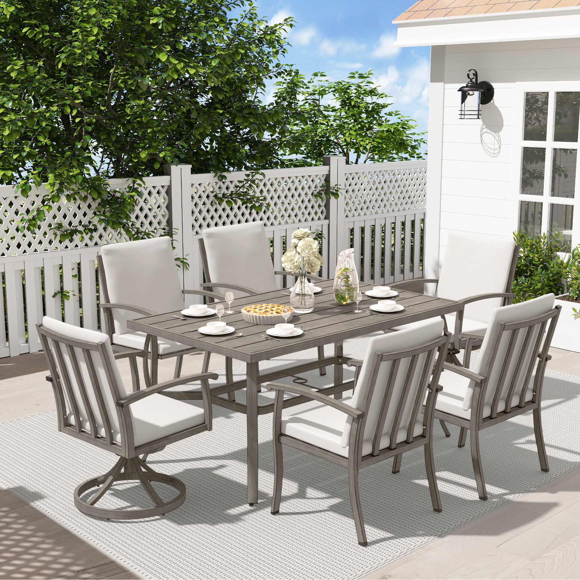 Colby Aluminum Patio Dining Set With 2 Swivel Dining Chairs, Dining Chairs And Washable Cushions, Gray, 6