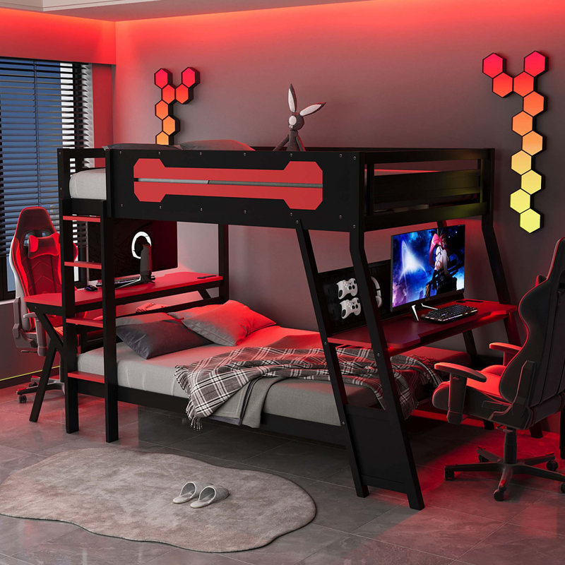 Full Size Bunk Bed with Two Built-In Gaming Desks, USB Desktop Ports & Pegboard Organizer, Gaming Bunk Frame for Gamer, Red