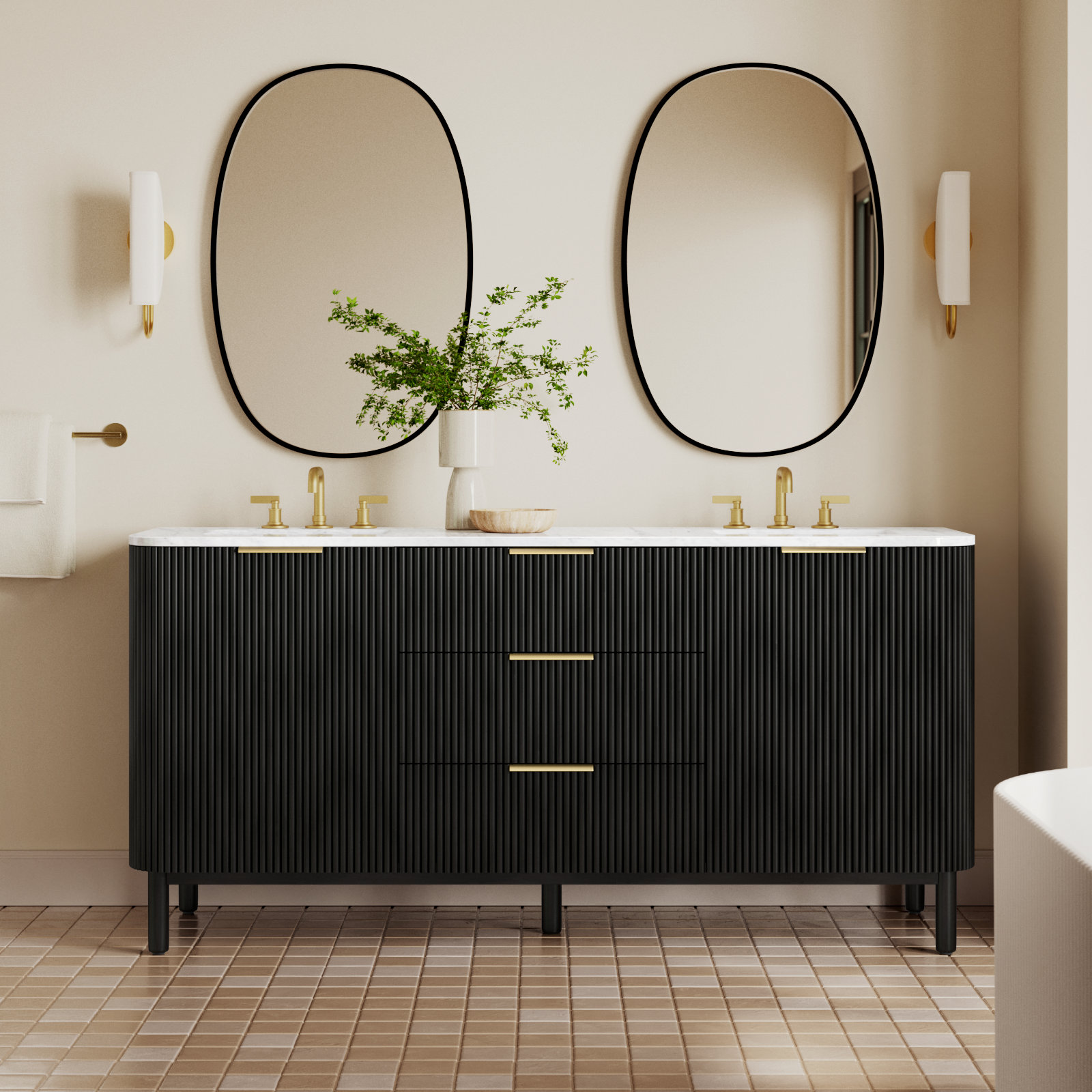 Nova 72" Carrara Marble Double Bathroom Vanity, Black Reeded Birch