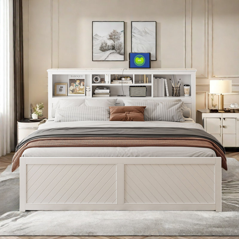 Lit plateforme en bois avec tête de lit multi-rangement, USB et 2 tiroirs