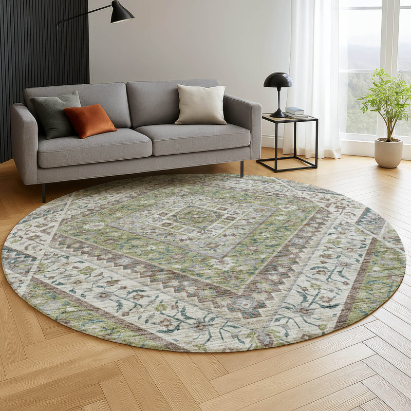 Premium Machine Washable Mayfield AMF2195 geometric Rug, Aloe, 8' Round