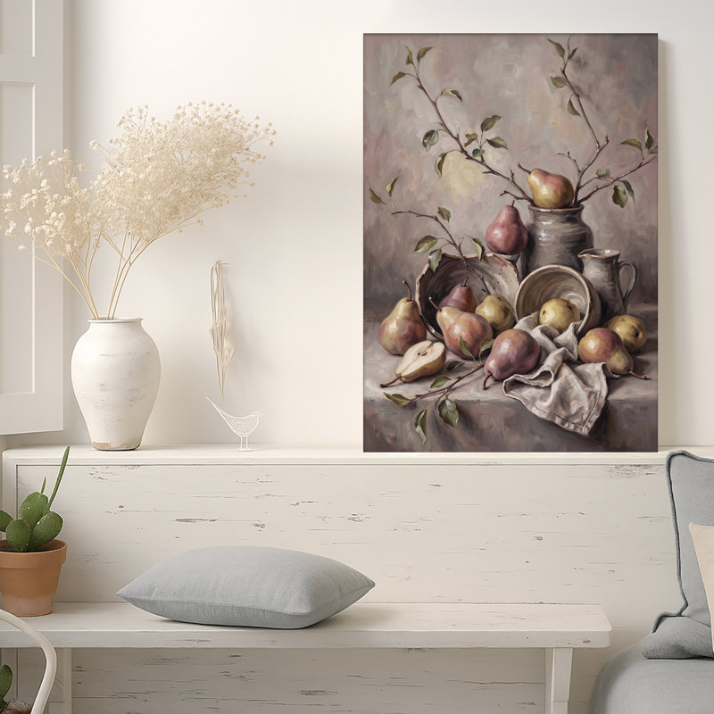 Nature morte, poires et branches en tons terreux, art mural sur toile, 24"H x 16"W