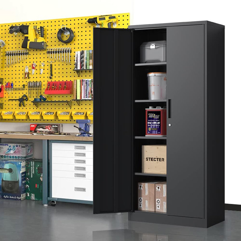 Armoire de rangement 72 po en métal robuste avec serrure - étagère de garage noire