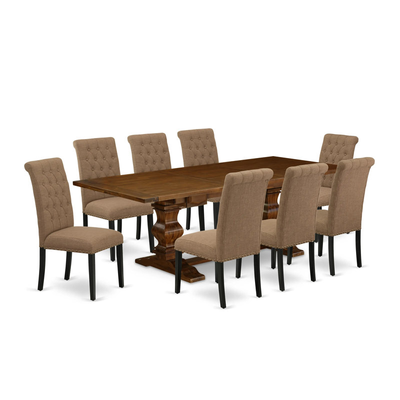 Cet ensemble de salle à manger 9 pièces comprend une table de salle à manger rectangulaire avec rallonge amovible et 8 chaises rembourrées en tissu de lin sable clair, 42 x 92 pouces, noyer