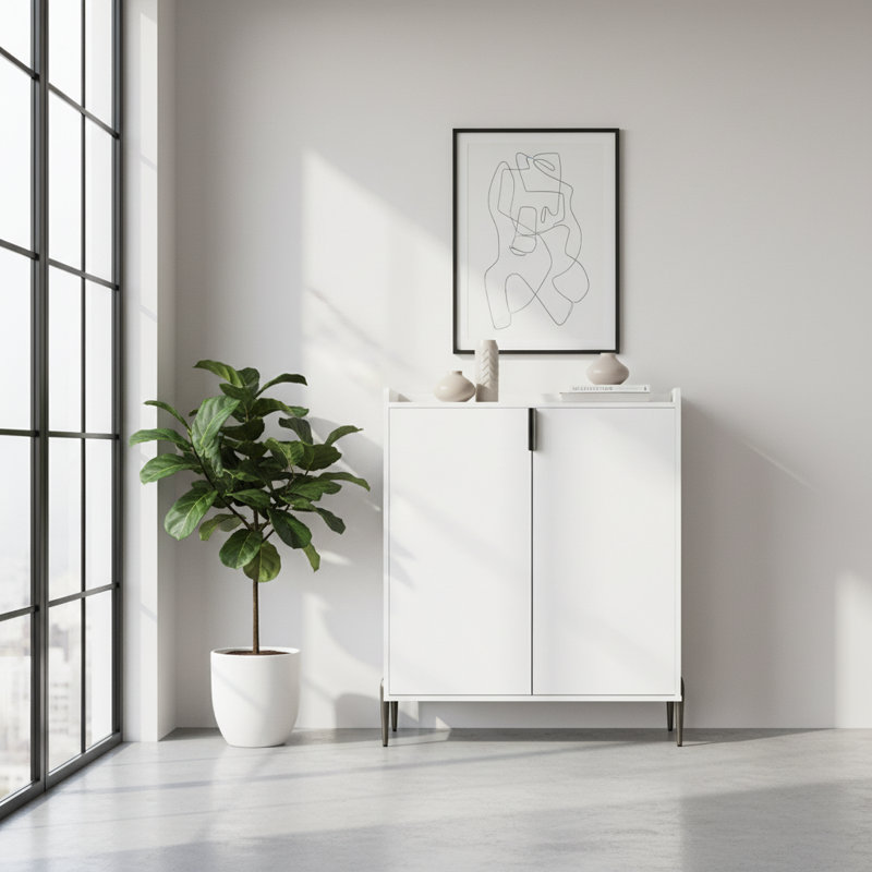 2 Door Wine Bar Cabinet With Rack And Adjustable Shelf, Modern Sideboard, White | Gift Idea, White