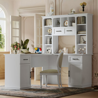 L-Shaped Computer Desk With 2 Cabinets, 2 Drawers & 11 Shelves, Built-In Electrical Outlet, Space-Saving Desk For Home & Office