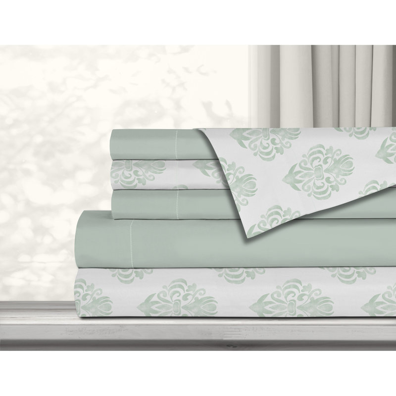 Microfiber Damask Sheet Set, Twin Sheet Set + 1 Fitted Sheet + 4 Pillowcases, Sage