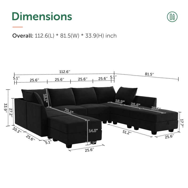 Tremee U Shaped Modular Velvet Sectional Couch, Black Velvet